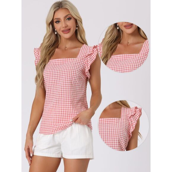 Summer Gingham Tops Square Neck Ruffle Cap Sleeve Blouses Pink - Picture 2 of 6